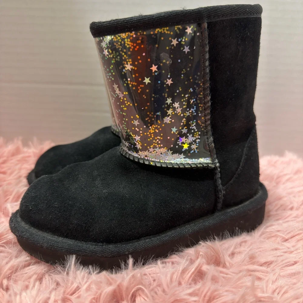 UGG Classic II Clear Glitter Black Shiny‎ Stars Girls Suede Boots Sz 10 EUC